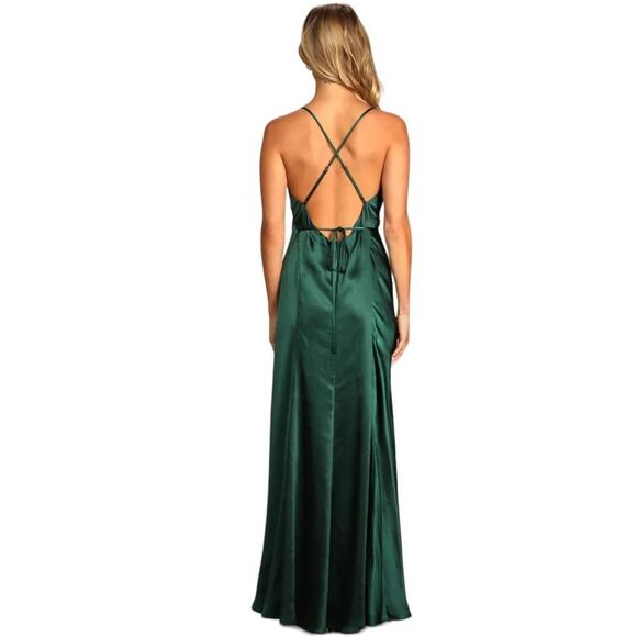 Lulus Fondly Loved Dark Green Satin Wrap Maxi Dress Womens XS - Picture 3 of 11